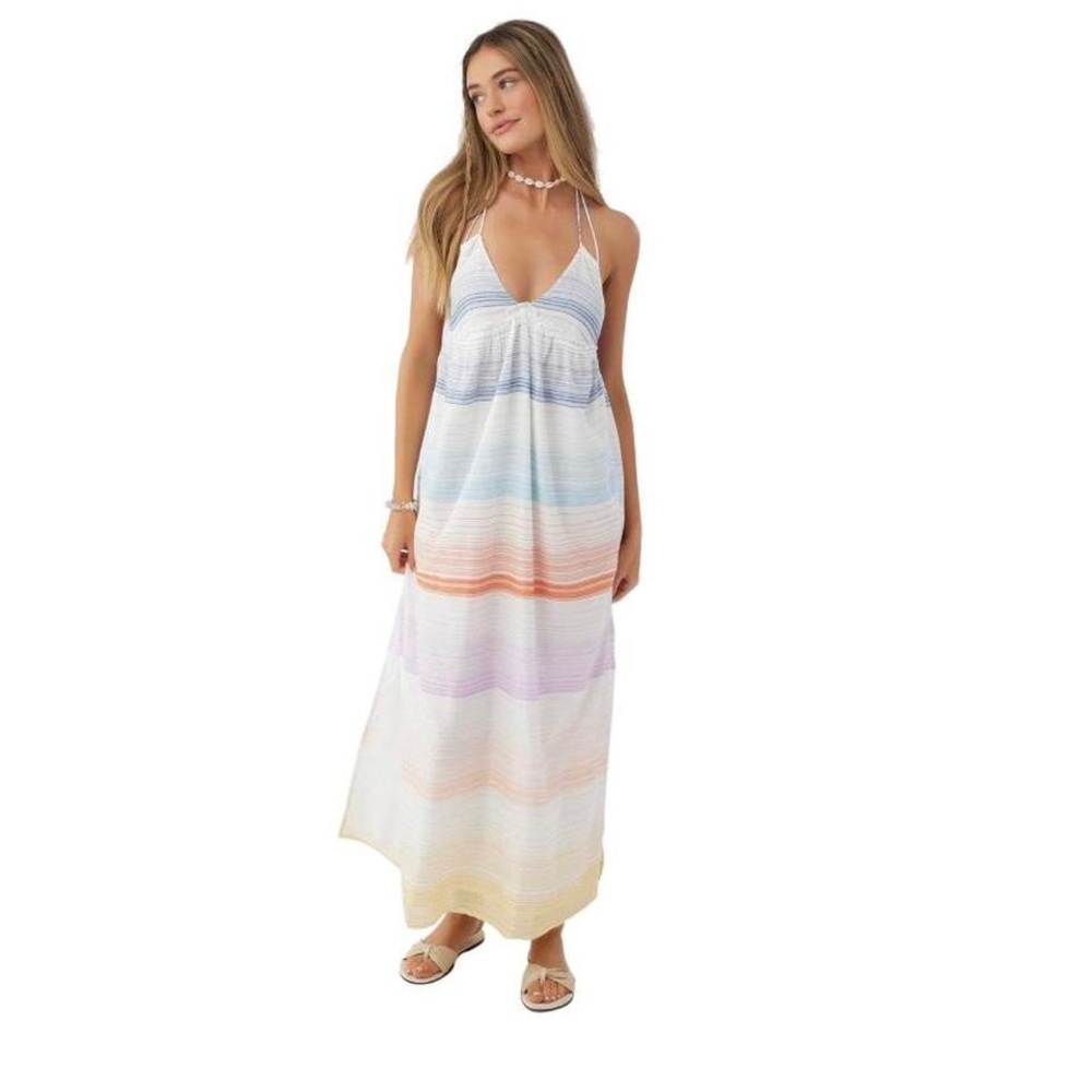 O’Neill Langley maxi dress in white multi stripe / size s / new with tags